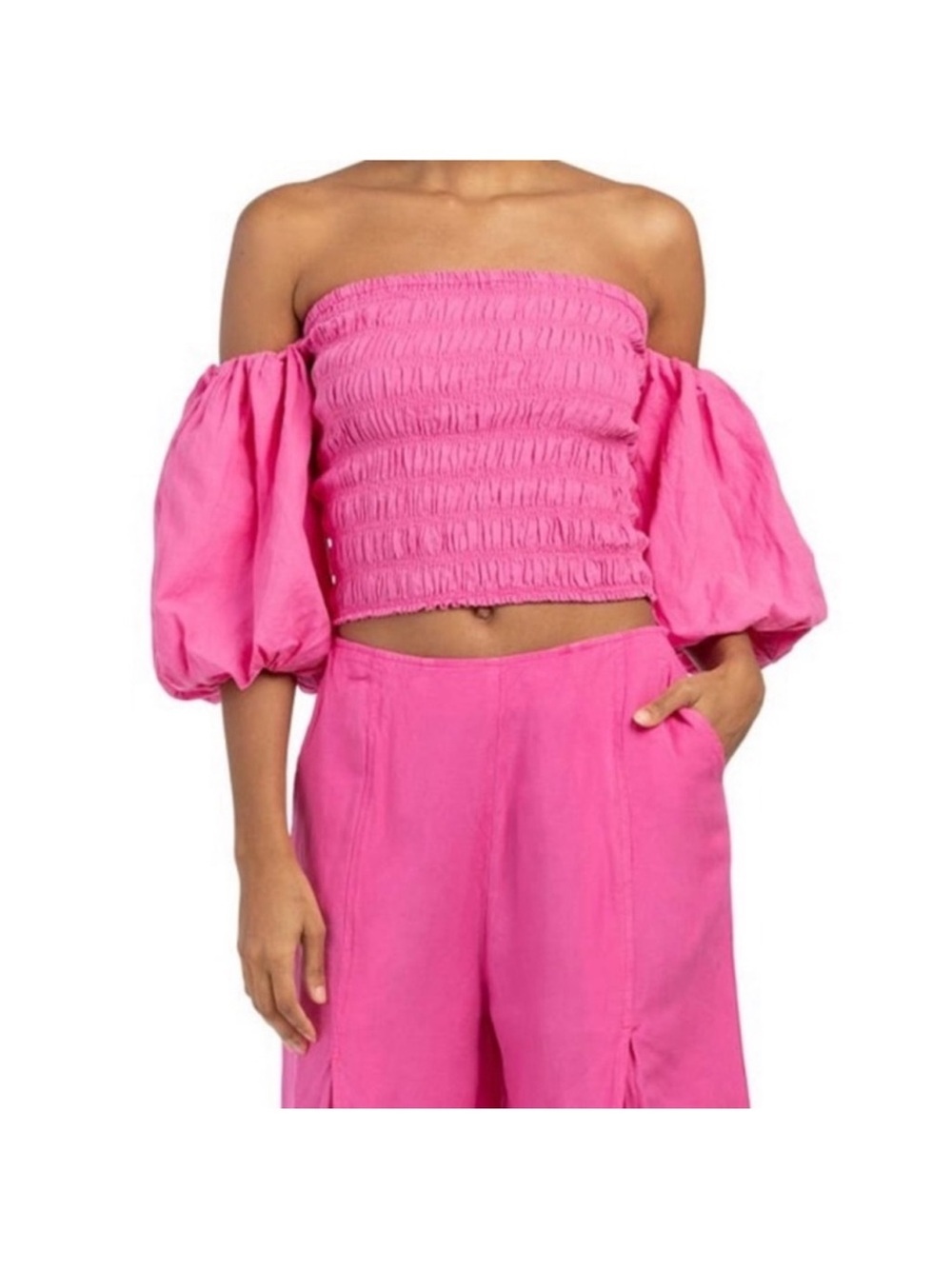 Young Fabulous & Broke 55% Linen Smocked Off Shoulder Puff Pink Yacht Top Size L - Picture 1 of 9